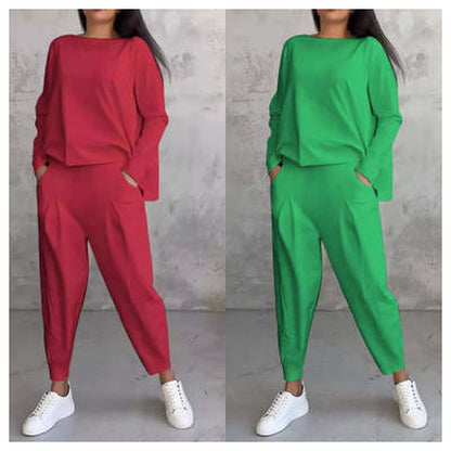 Women's Irregular Suit Long-sleeved Round Neck Top And Loose Harem Pants With Pockets Ins Fashion Trousers Set Women's Clothing