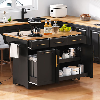 K&K 59.3  Kitchen Island With Storage 2 Pull Out Cabinet Organizers & Rubber Wood Drop Leaf, Rolling Kitchen Island With Trash Can Storage, Power Outlet, Spice & Towel Rack For Kitchen, Dining, Black