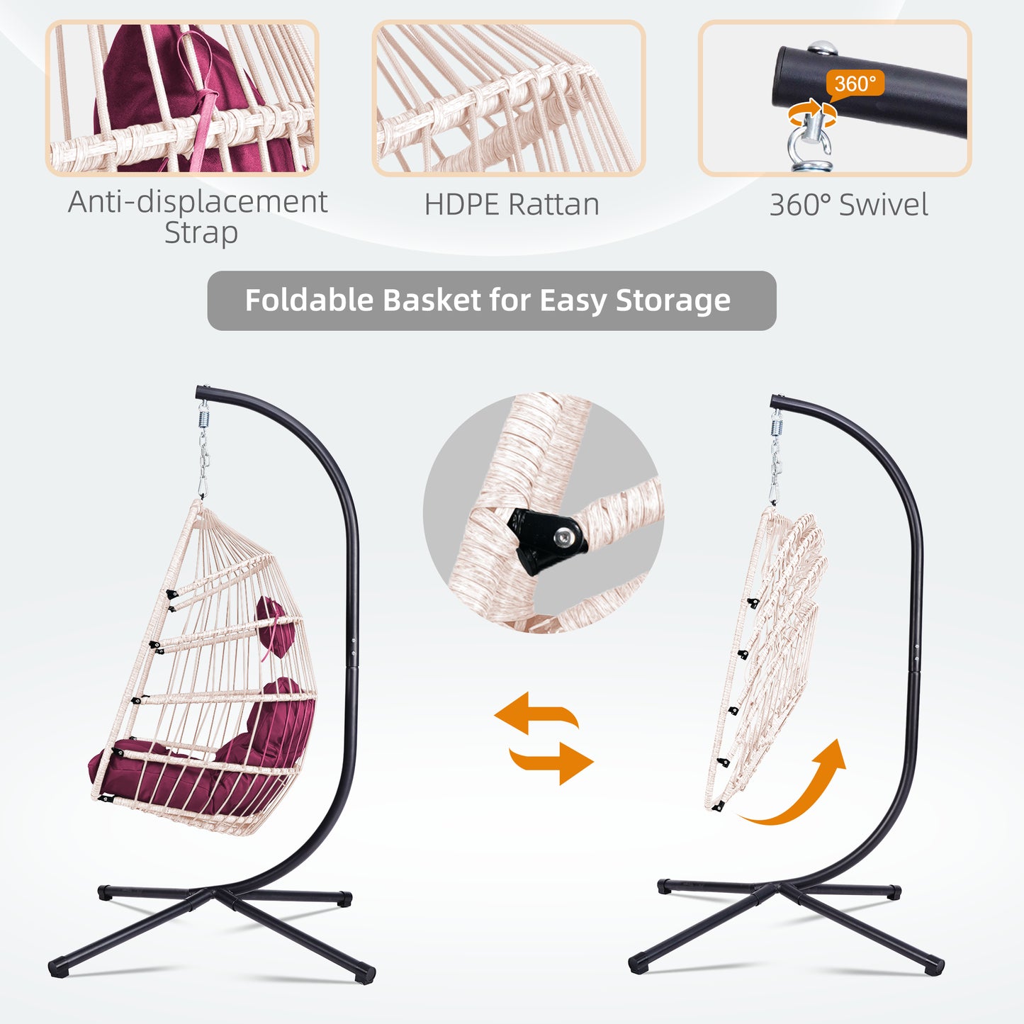Outdoor Egg Hanging Chair With Stand  Patio Wicker Swing Egg Chair Indoor Swinging Chair Outdoor Hammock Egg Chair. Rose Red