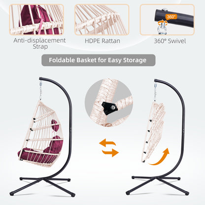 Outdoor Egg Hanging Chair With Stand  Patio Wicker Swing Egg Chair Indoor Swinging Chair Outdoor Hammock Egg Chair. Rose Red