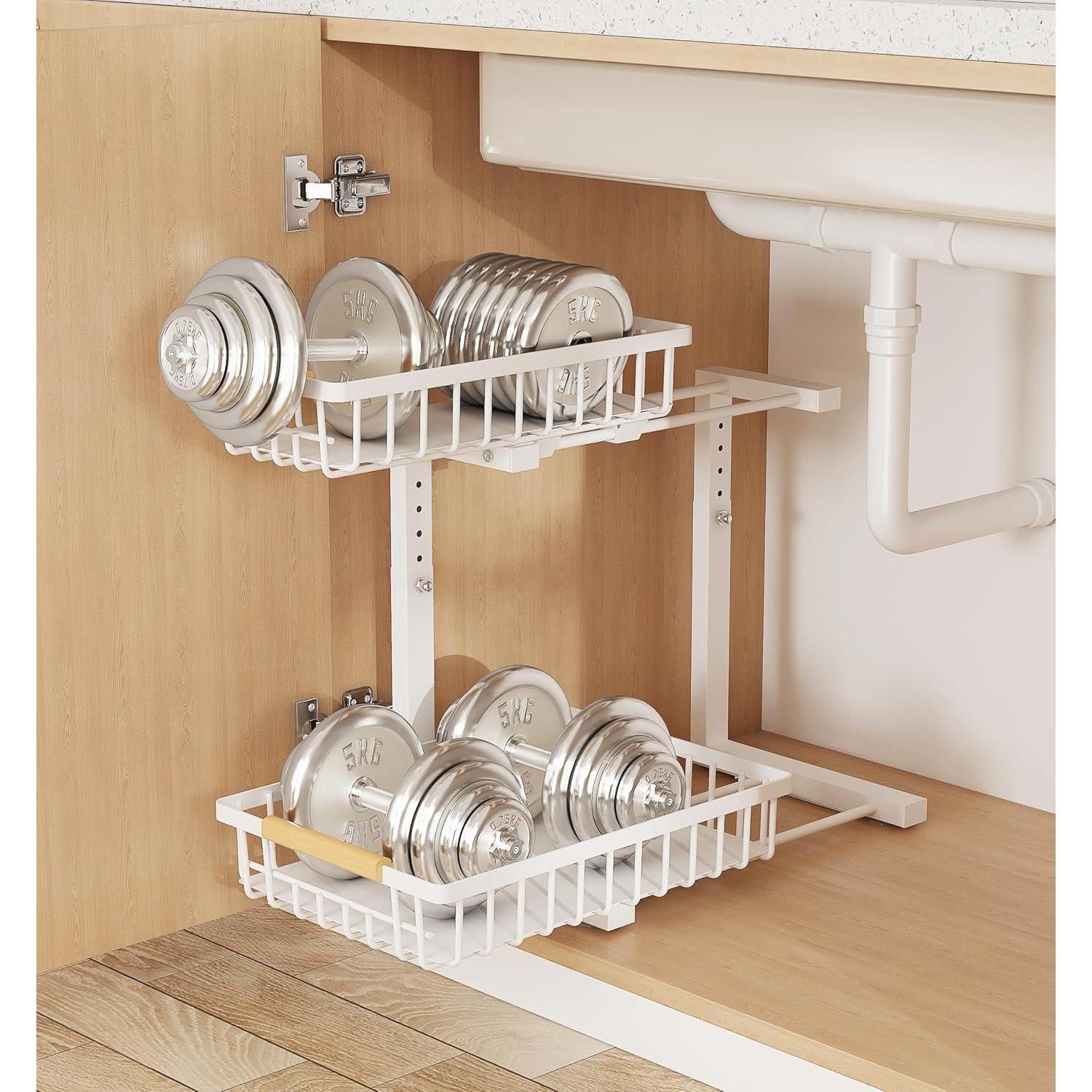 Metal Adjustable Height Two-Tier Drawer Kitchen Bathroom Under Sink Storage Rack