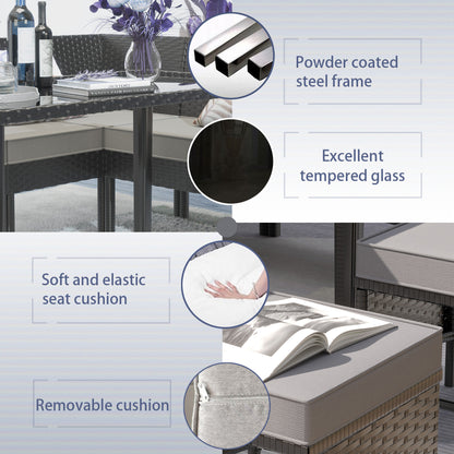 Small Space Patio Furniture 7-piece Outdoor Furniture Set, Backyard Furniture Set, Waterproof Seat Cushion, Glass Table, Space Saving, Suitable For Backyard, Terrace Or Garden,blue,grey