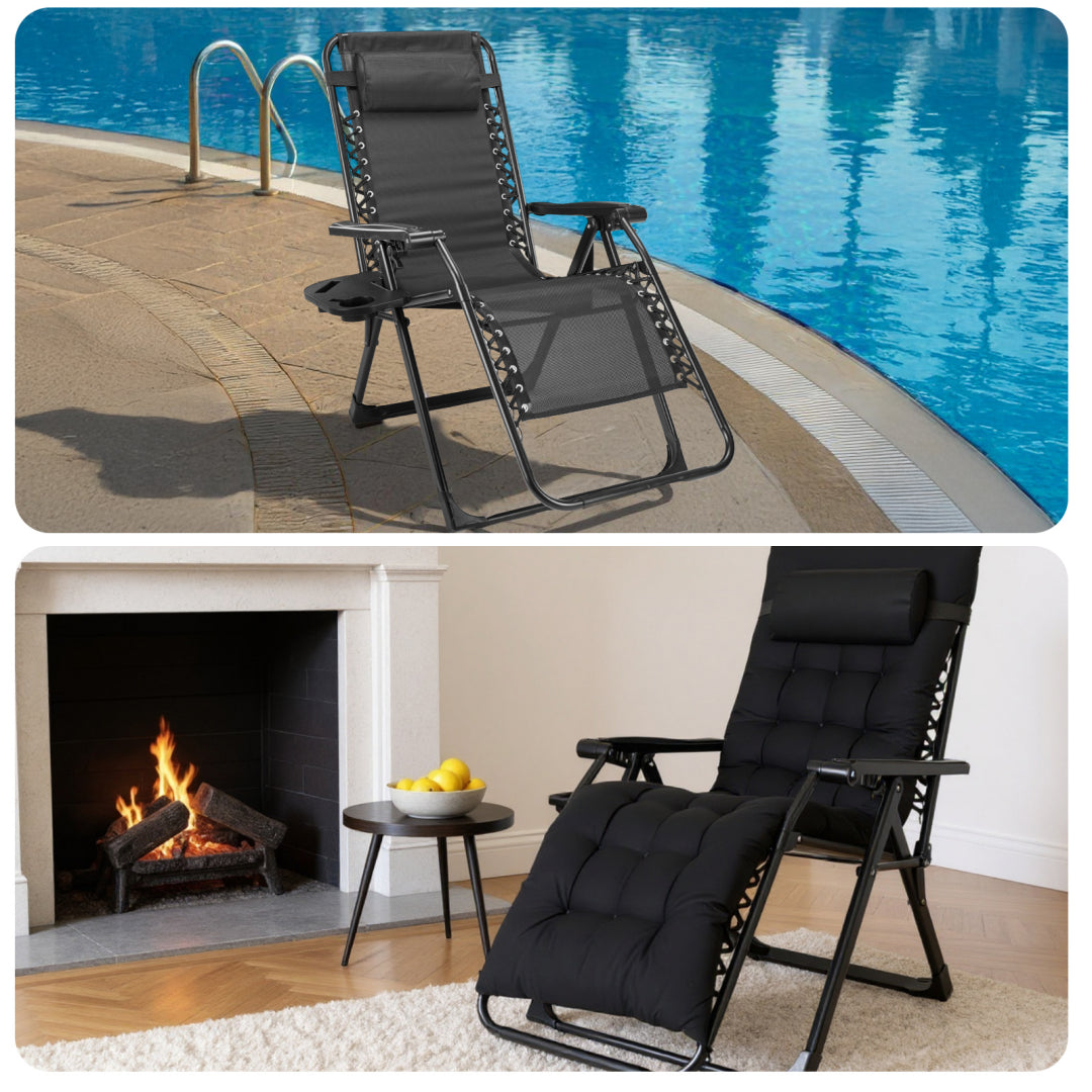 Zero Gravity Chair, Reclining Camping Lounge Chair For Indoor, Reclining Patio Chairs With Cup Holder Trays And Removable Cushion