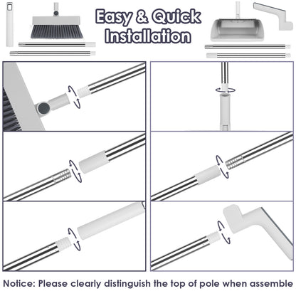 1Set Broom And Dustpan Combo Set With Squeegee Stainless Steel Handle 4 In 1 Upright Standing Broom And Dust Pan For Indoor Outdoor Garage Kitchen Room Office Sweeping