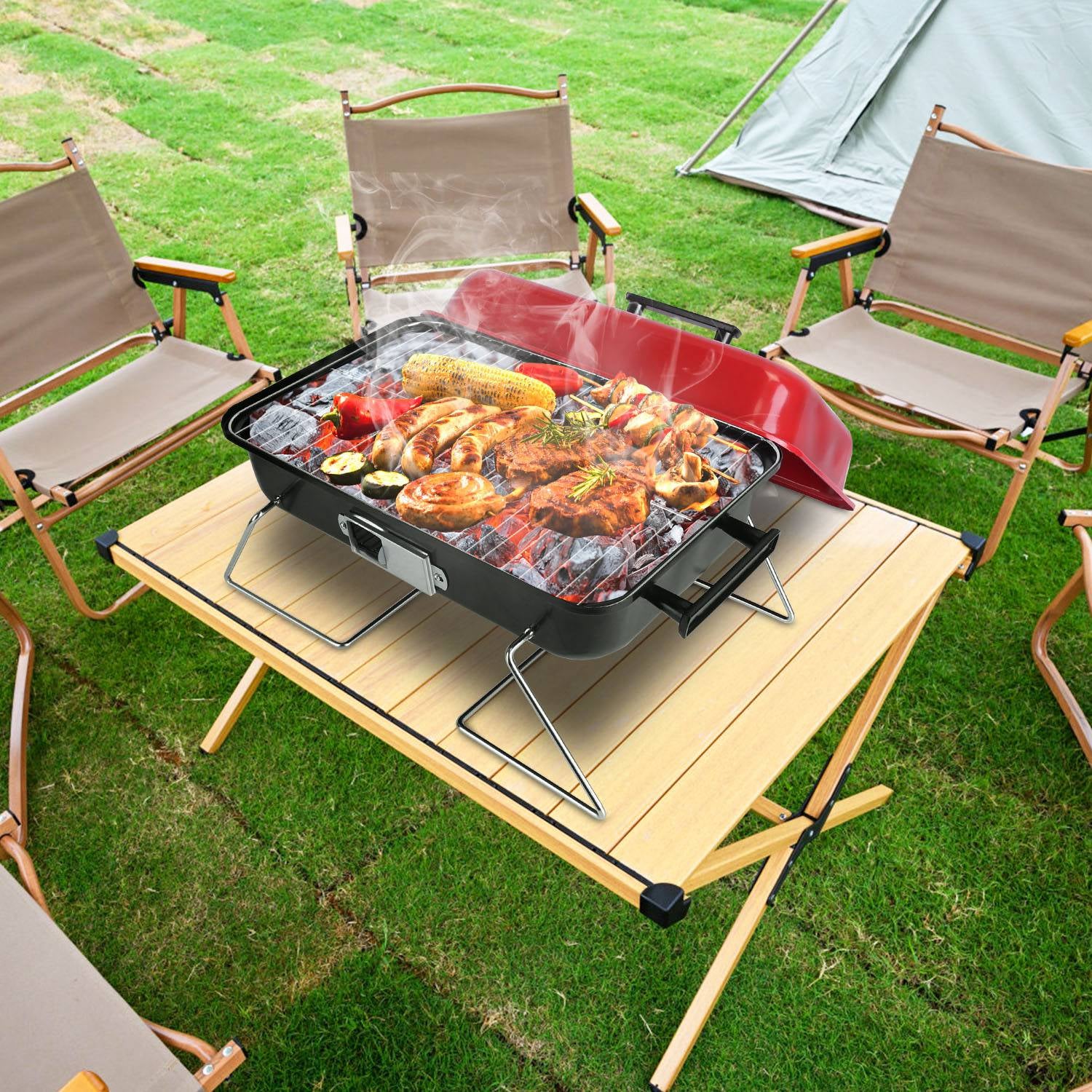 Portable Charcoal Grill Outdoor Tabletop Grill Small Barbecue Smoker Folding BBQ Grill With Lid For Camping Picnics Beach