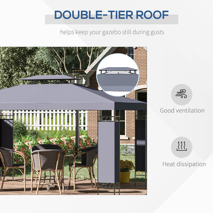 10' x 13' Patio Gazebo, Double Roof Outdoor Gazebo Canopy Shelter with Screen Decorate Corner Frame, for Garden, Lawn, Backyard and Deck, Gray