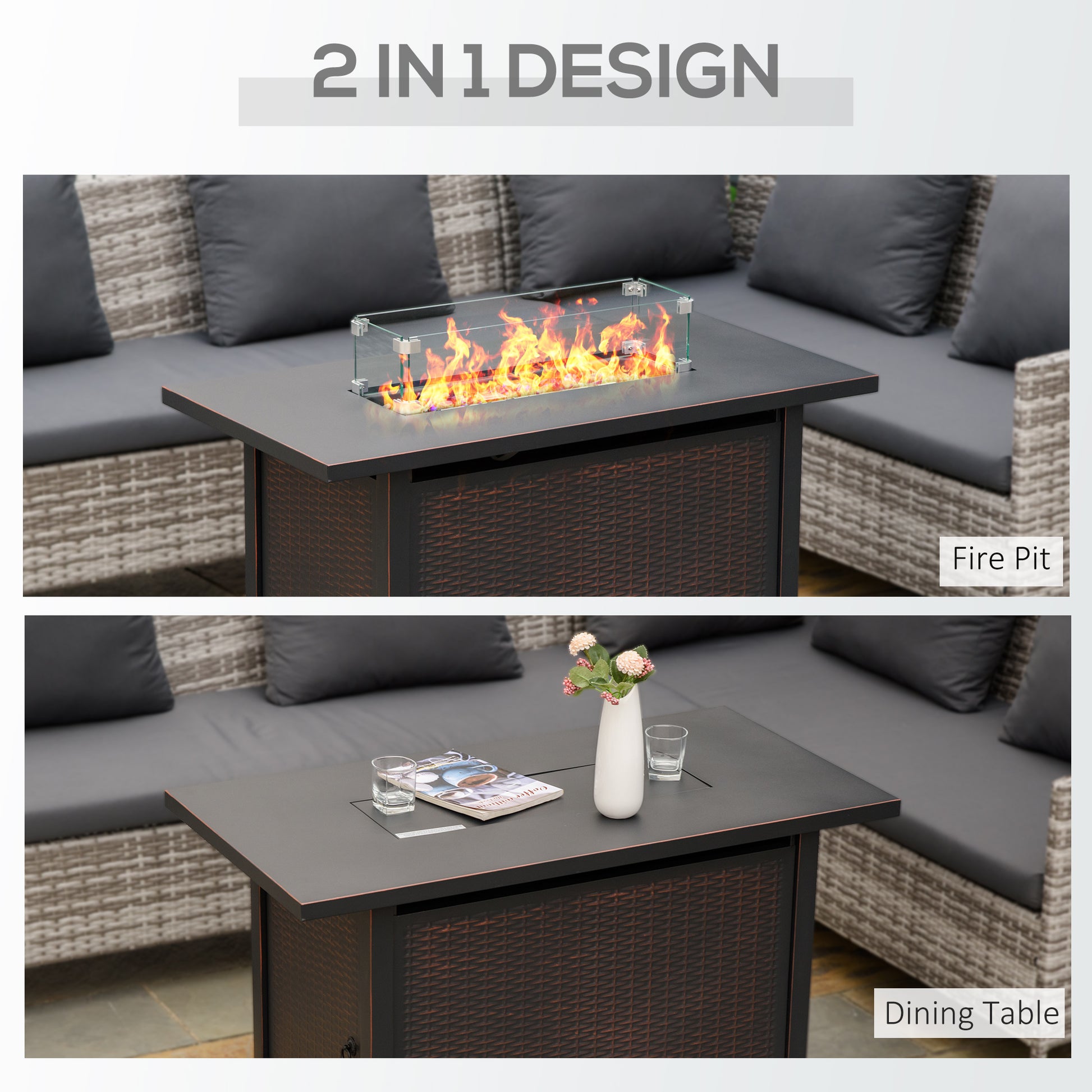 43 Inch Outdoor Propane Gas Fire Pit Table, 50,000 BTU Auto-Ignition Rectangular Wicker-effect Gas Firepit with Glass Wind Guard, Lid, Glass Beads, Steel Base, CSA Certification, Bronze