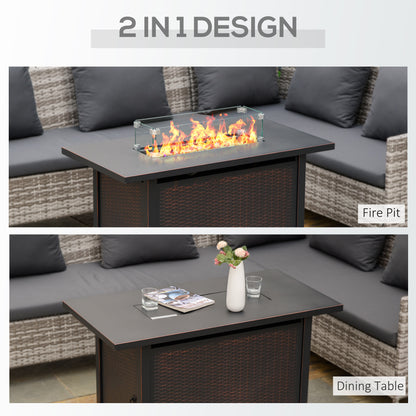 43 Inch Outdoor Propane Gas Fire Pit Table, 50,000 BTU Auto-Ignition Rectangular Wicker-effect Gas Firepit with Glass Wind Guard, Lid, Glass Beads, Steel Base, CSA Certification, Bronze