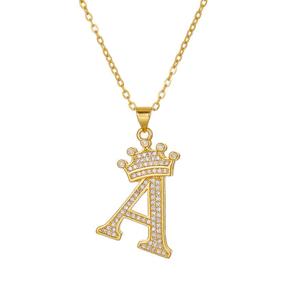 1PCS Fashionable Gold Diamond Crown Uppercase Letter Popular Pendant Necklace Suitable For Daily Use Festivals Parties Gifts Jewelry Set