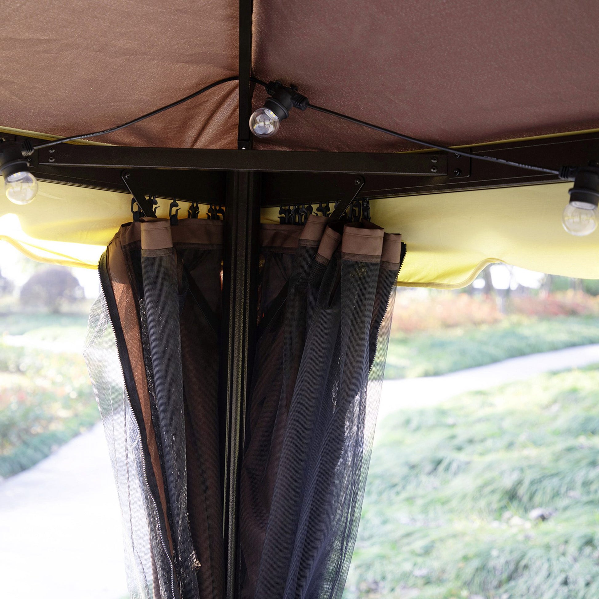 10' x 13' Patio Gazebo, Aluminum Frame Double Roof Outdoor Gazebo Canopy Shelter with Netting & Curtains, Coffee