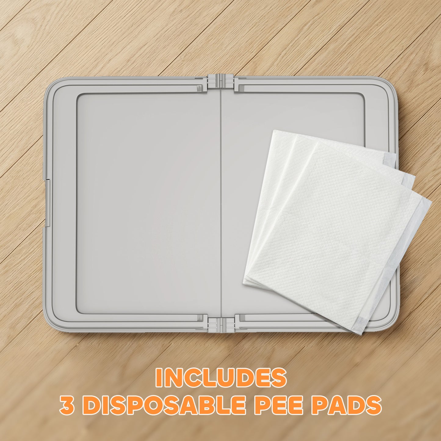 Pee Pad Holder Foldable Dog Litter Box with 3 Disposable Pads, 33.9" x 24.4", Gray