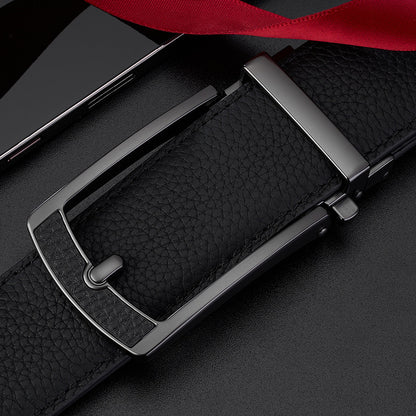 New Mens Casual All-match Leather Belt With An Automatic Buckle And A Lychee Grain Pattern