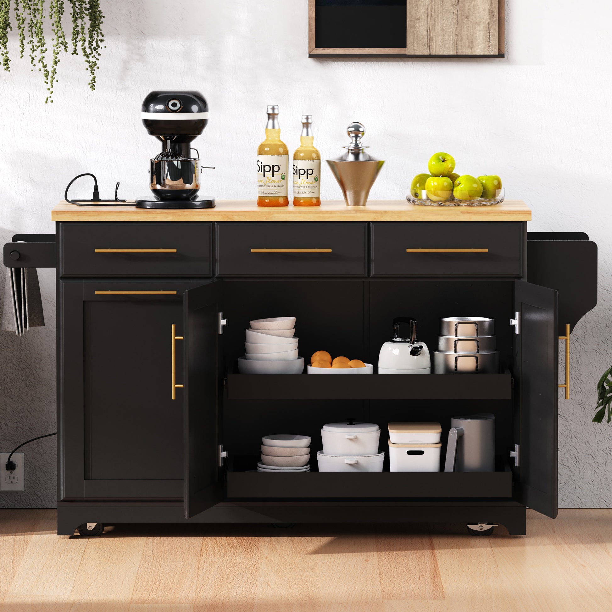 K&K 59.3  Kitchen Island With Storage 2 Pull Out Cabinet Organizers & Rubber Wood Drop Leaf, Rolling Kitchen Island With Trash Can Storage, Power Outlet, Spice & Towel Rack For Kitchen, Dining, Black