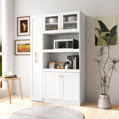Kitchen Pantry Cabinet With Multi-functional Pull-out Multi-tier Storage Shelf,Farmhouse Storage Cabinet With 4 Doors,Pantry Organizers For Kitchen,Dining Room White