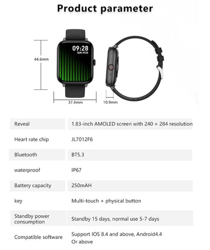 SmartWatch Men Women1.83inch BT Face Heart Rate Fitness Tracker