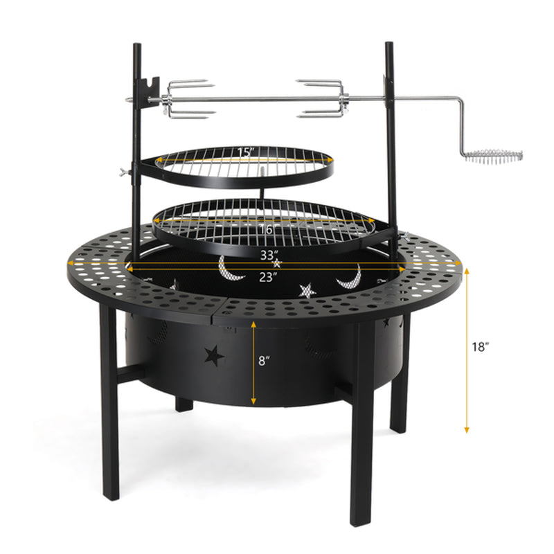 33 Inch Outdoor Fire Pit With 2 Cooking Grills, Wood Burning Firepit With Removable Swivel Grill, For  Deck Bonfire Patio Picnic, Black