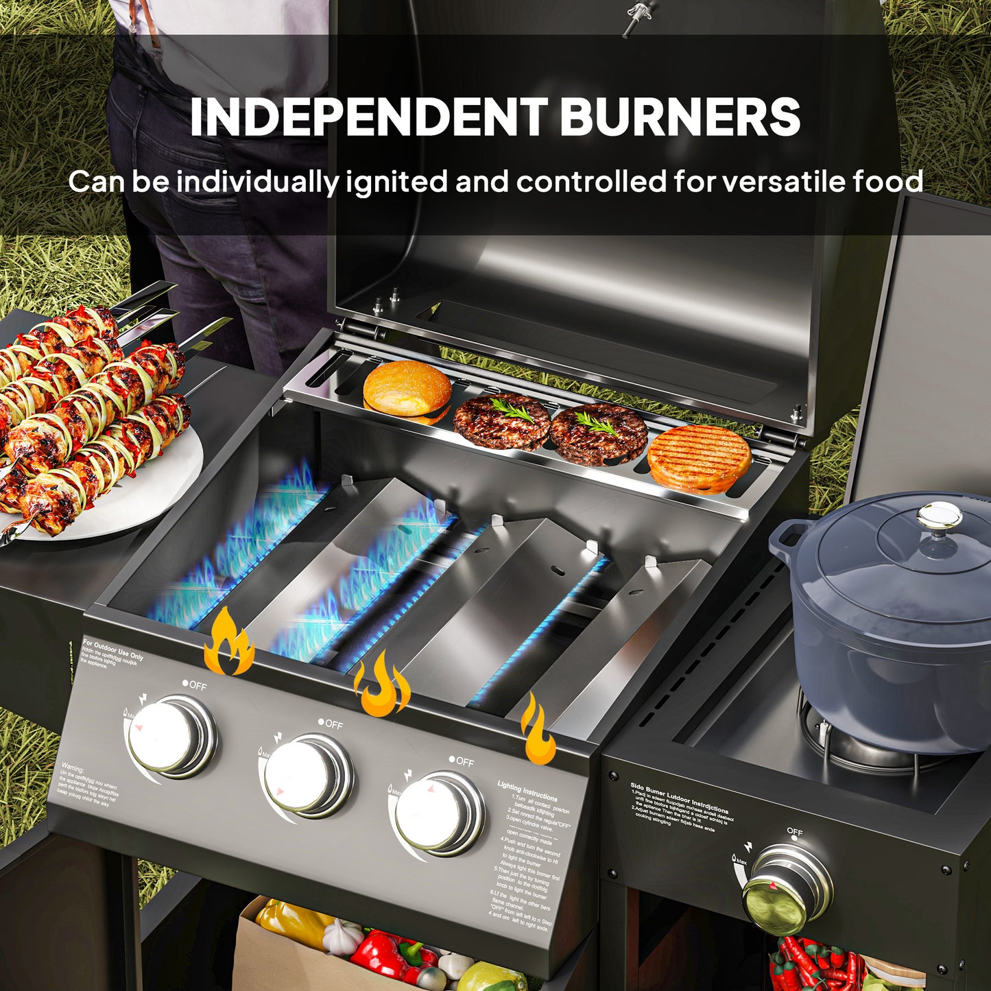 3 Burner Propane Gas Grill with Side Burner Barbecue Grill with Shelves, 9.5 KW Output, 310 Sq. in. Cooking Area