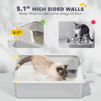 Stainless Steel Litter Box with High Side, Scoop, Easy Cleaning & Anti-Urine Leakage, for Big Cats, Light Gray