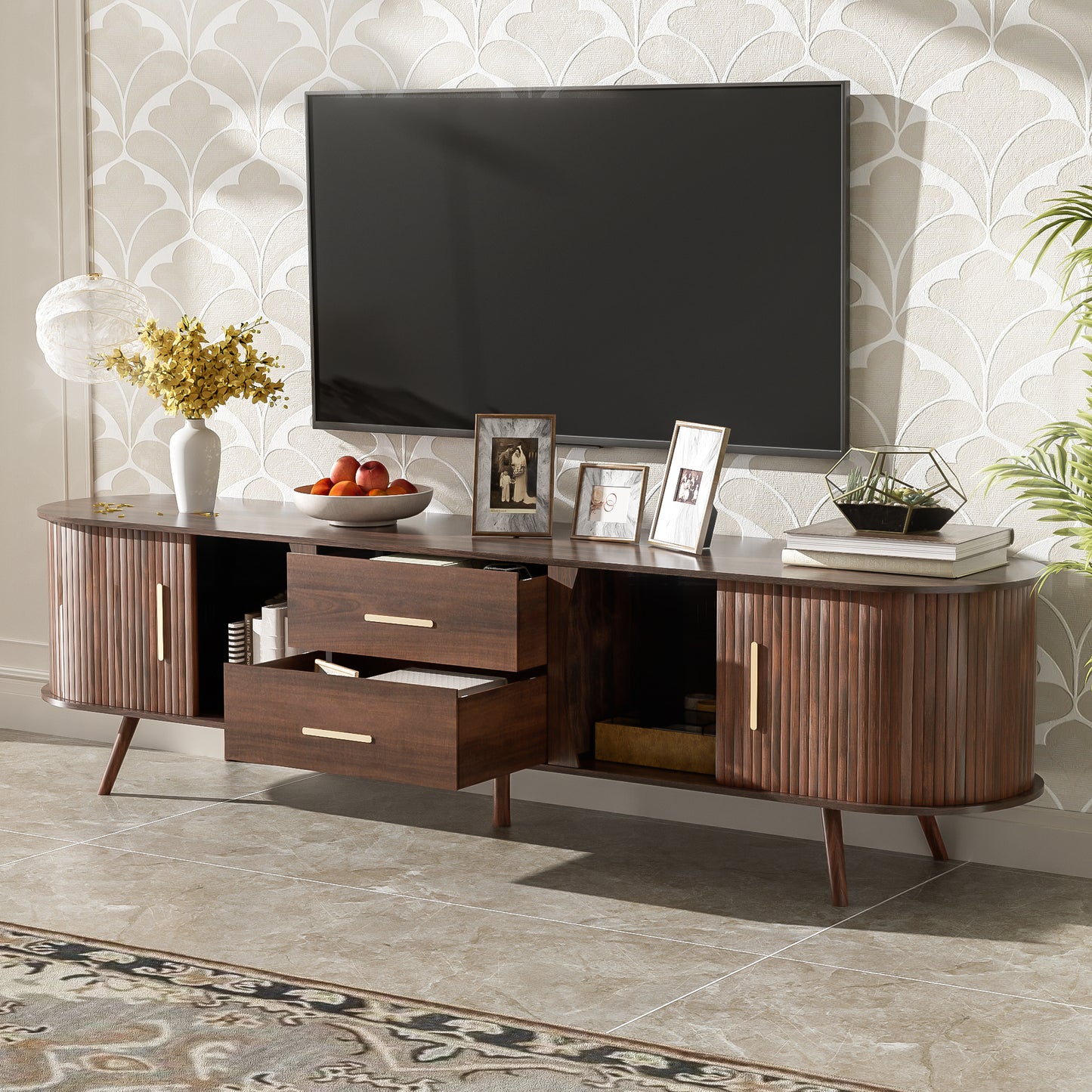 Mid-Century Modern TV Stand For 80  TV, Entertainment Center With Storage For Living Room, Bedroom, Media Console Table With 2 Drawers