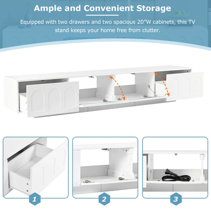 ON-TREND TV Stand With Fluted Tempered Glass Doors For TVs Up To 95'', Functional Media Console With Arched Cabinet Doors, Entertainment Center With APP-Controlled LED Light For Living Room, White
