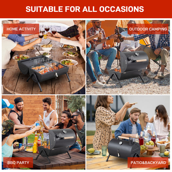 Portable Charcoal Grill With Thermometer & Wooden Handle, Compact Tabletop Barbecue Grill For Outdoor Camping BBQ Grilling  Party Cooking