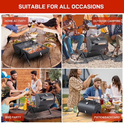 Portable Charcoal Grill With Thermometer & Wooden Handle, Compact Tabletop Barbecue Grill For Outdoor Camping BBQ Grilling  Party Cooking