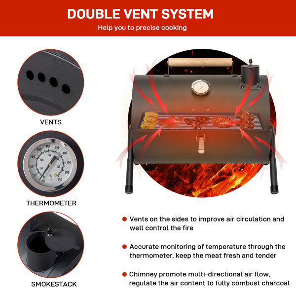 Portable Charcoal Grill With Thermometer & Wooden Handle, Compact Tabletop Barbecue Grill For Outdoor Camping BBQ Grilling  Party Cooking