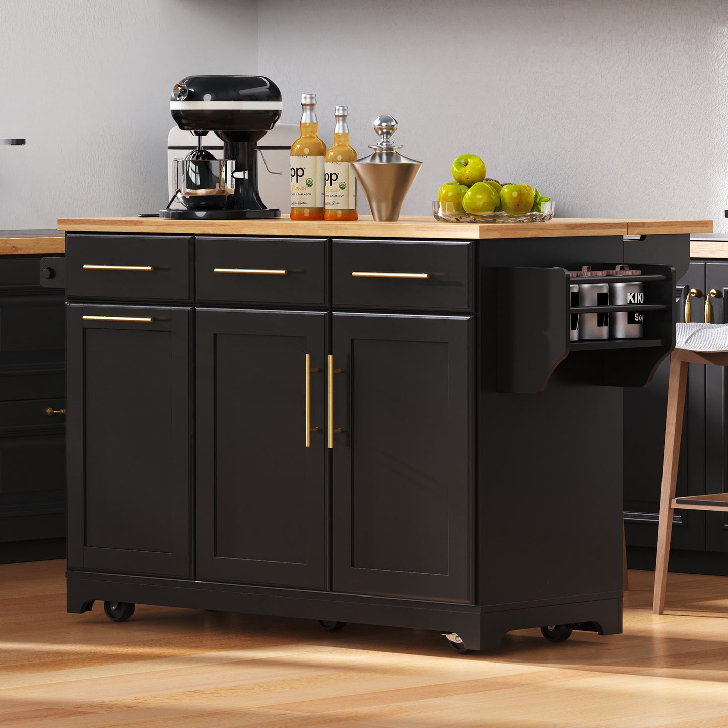 K&K 59.3  Kitchen Island With Storage 2 Pull Out Cabinet Organizers & Rubber Wood Drop Leaf, Rolling Kitchen Island With Trash Can Storage, Power Outlet, Spice & Towel Rack For Kitchen, Dining, Black