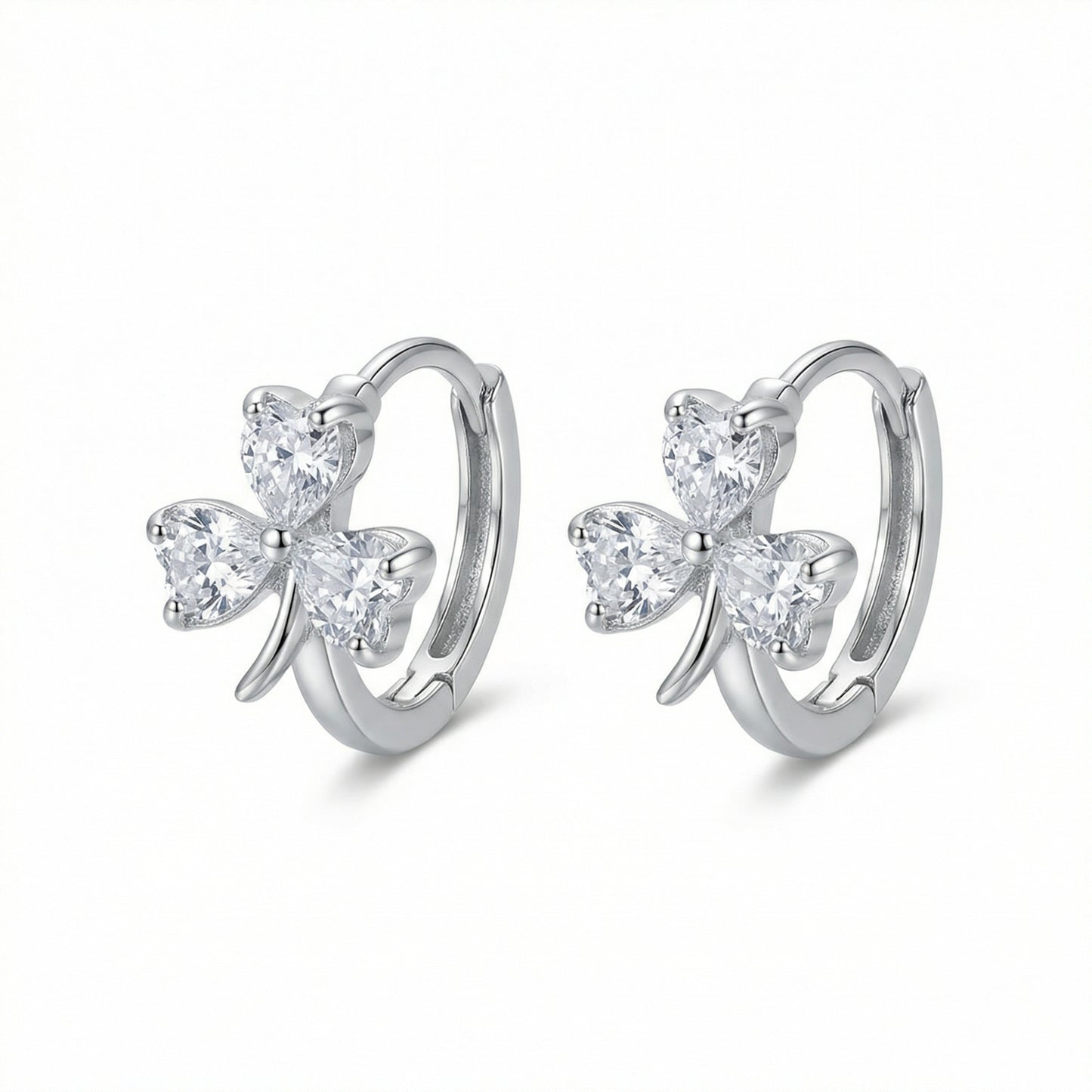 925 Sterling Silver Elegant Heart-Shaped Three-Leaf Clover Silver Hoop Earrings with Sparkling Gemstones