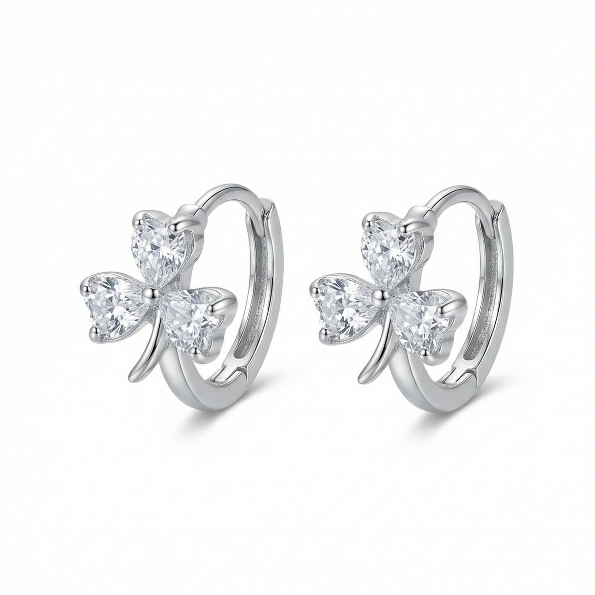 925 Sterling Silver Elegant Heart-Shaped Three-Leaf Clover Silver Hoop Earrings with Sparkling Gemstones