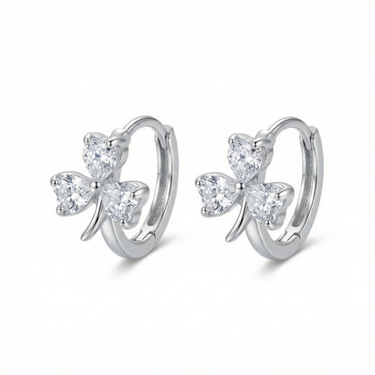 925 Sterling Silver Elegant Heart-Shaped Three-Leaf Clover Silver Hoop Earrings with Sparkling Gemstones