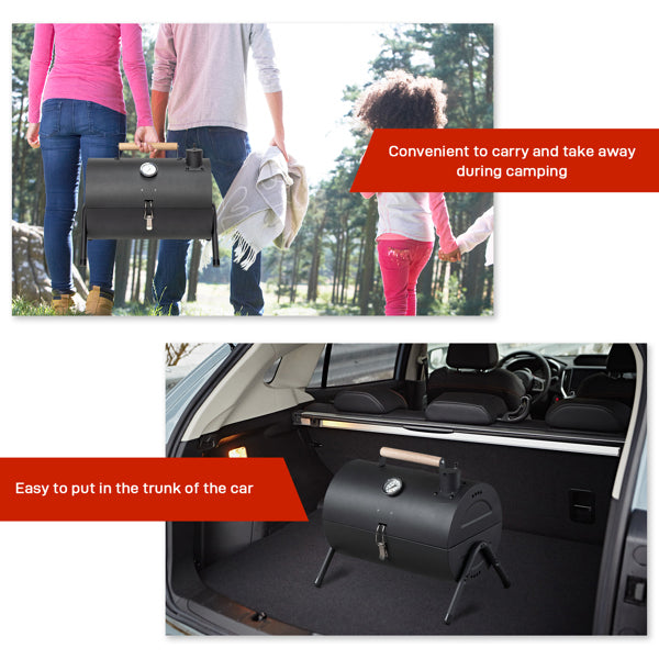 Portable Charcoal Grill With Thermometer & Wooden Handle, Compact Tabletop Barbecue Grill For Outdoor Camping BBQ Grilling  Party Cooking