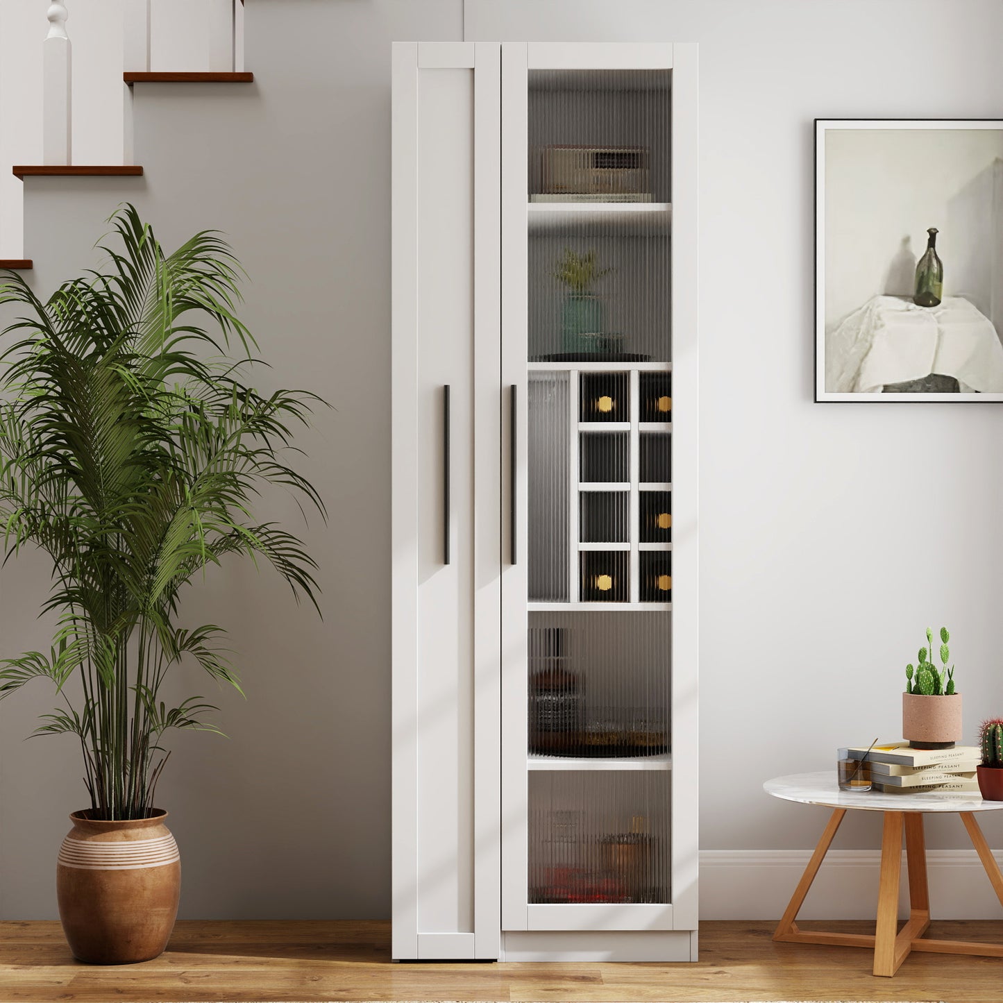 Kitchen Pantry Cabinet With Multi-functional Pull-out Multi-tier Storage Shelf,Farmhouse Storage Cabinet With Glass Doors,Pantry Organizers For Kitchen, Bar Cabinet,Dining Room