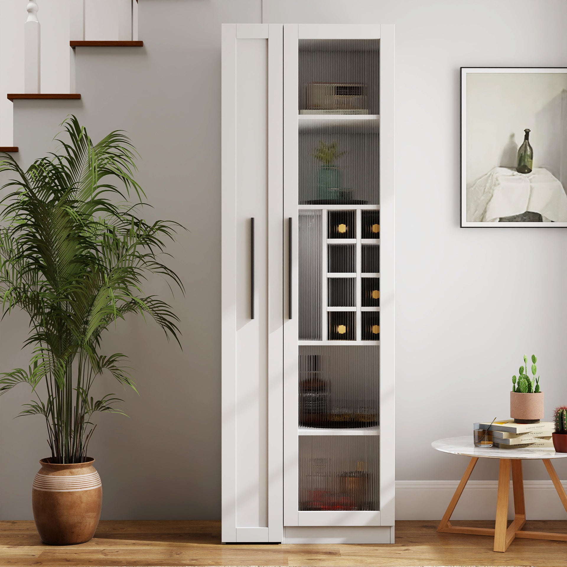 Kitchen Pantry Cabinet With Multi-functional Pull-out Multi-tier Storage Shelf,Farmhouse Storage Cabinet With Glass Doors,Pantry Organizers For Kitchen, Bar Cabinet,Dining Room