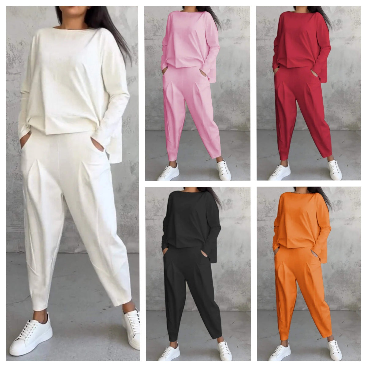 Women's Irregular Suit Long-sleeved Round Neck Top And Loose Harem Pants With Pockets Ins Fashion Trousers Set Women's Clothing