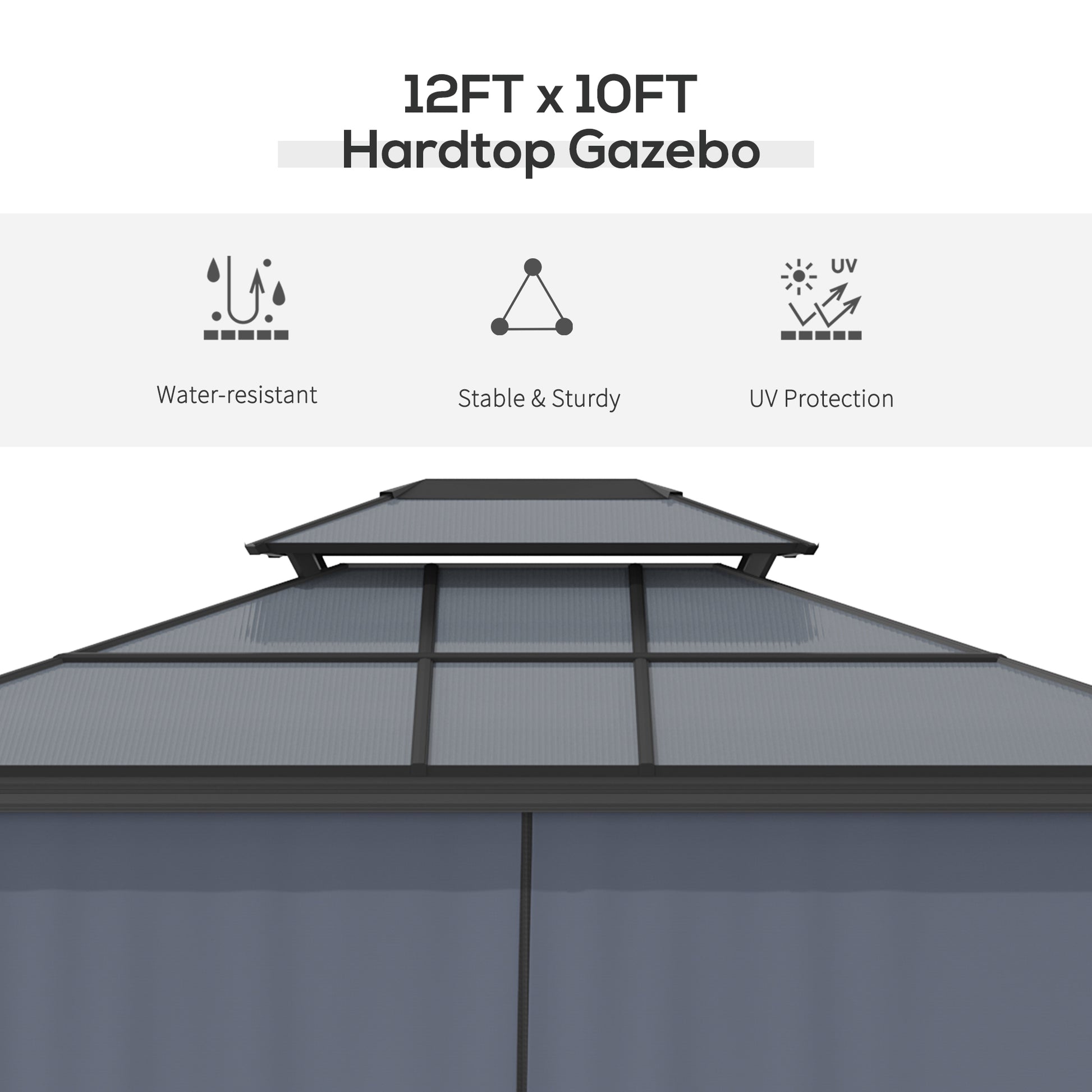 10' x 12' Hardtop Gazebo Canopy with Polycarbonate Roof, Aluminum Frame, Permanent Pavilion Outdoor Gazebo with Netting, for Patio, Garden, Backyard, Deck, Lawn, Black