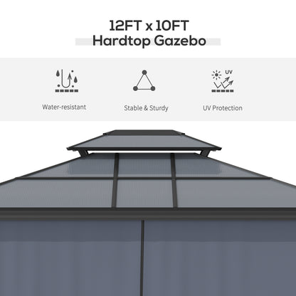 10' x 12' Hardtop Gazebo Canopy with Polycarbonate Roof, Aluminum Frame, Permanent Pavilion Outdoor Gazebo with Netting, for Patio, Garden, Backyard, Deck, Lawn, Black