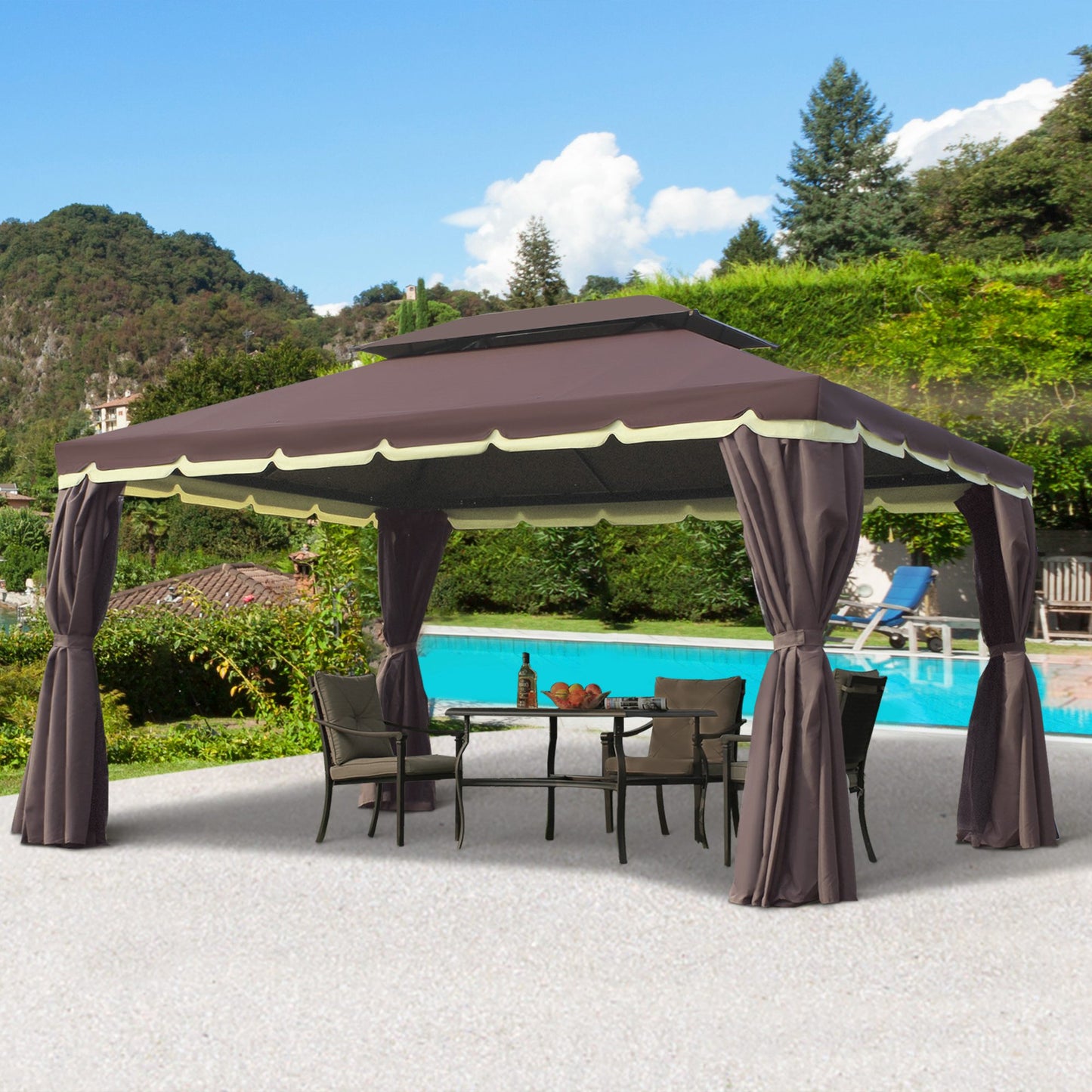 10' x 13' Patio Gazebo, Aluminum Frame Double Roof Outdoor Gazebo Canopy Shelter with Netting & Curtains, Coffee