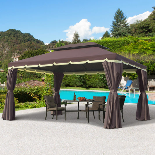 10' x 13' Patio Gazebo, Aluminum Frame Double Roof Outdoor Gazebo Canopy Shelter with Netting & Curtains, Coffee