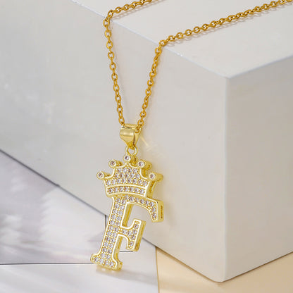 1PCS Fashionable Gold Diamond Crown Uppercase Letter Popular Pendant Necklace Suitable For Daily Use Festivals Parties Gifts Jewelry Set