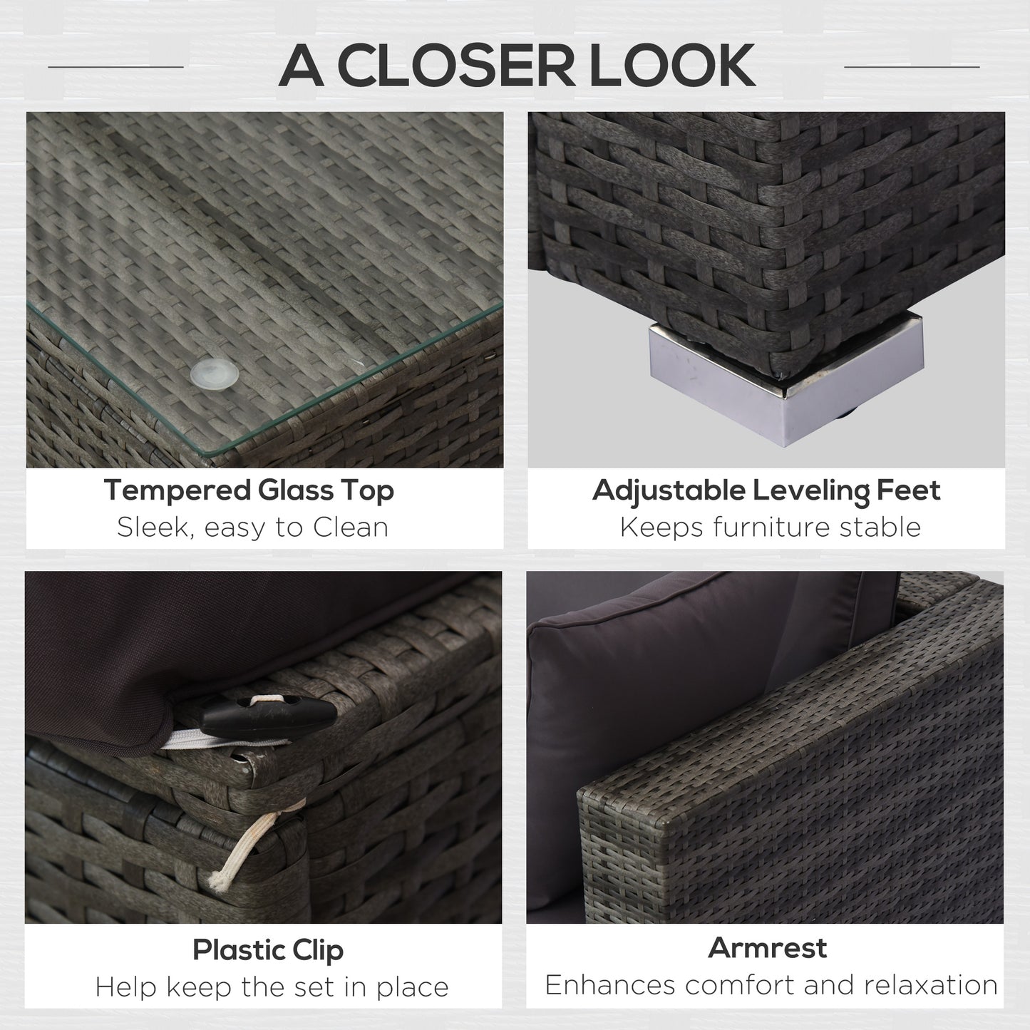 5-Piece Outdoor Sectional Furniture, Patio Sofa Set, PE Wicker Couch, Cushions, Pillows, Ottoman, Table, Charcoal