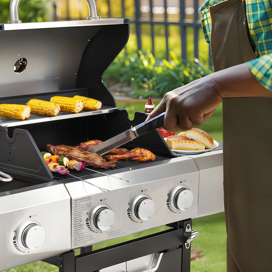 Propane Grill 3 Burner Barbecue Grill Stainless Steel Gas Grill With Side Burner For Outdoor BBQ, Camping