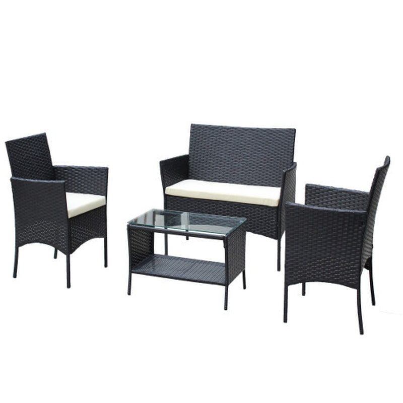 4 PC Rattan Patio Furniture Set Outdoor Patio Cushioned Seat Wicker Sofa Beige Cushion