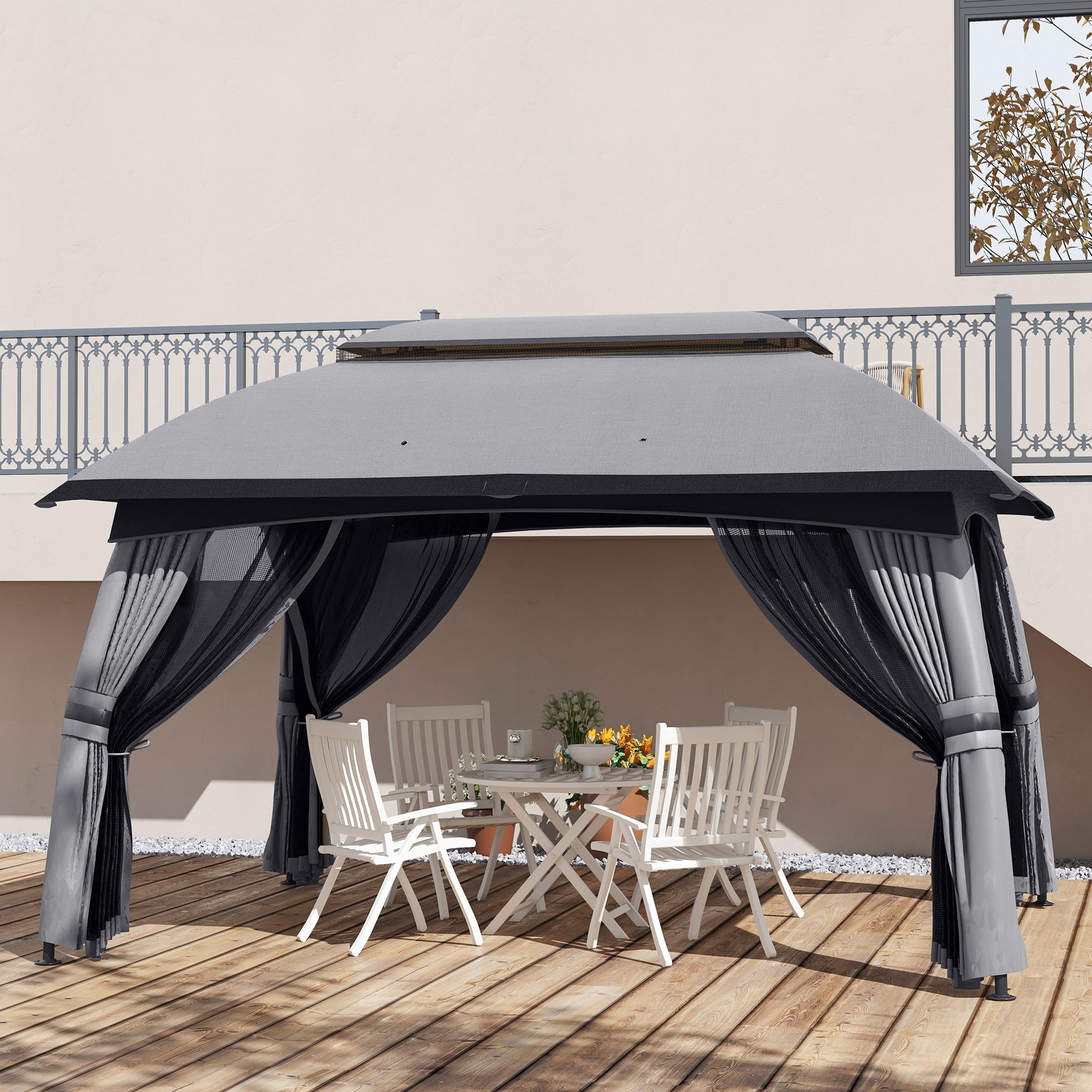 10' x 13' Patio Gazebo, Outdoor Gazebo Canopy Shelter with Netting, Vented Roof for Garden, Dark Gray