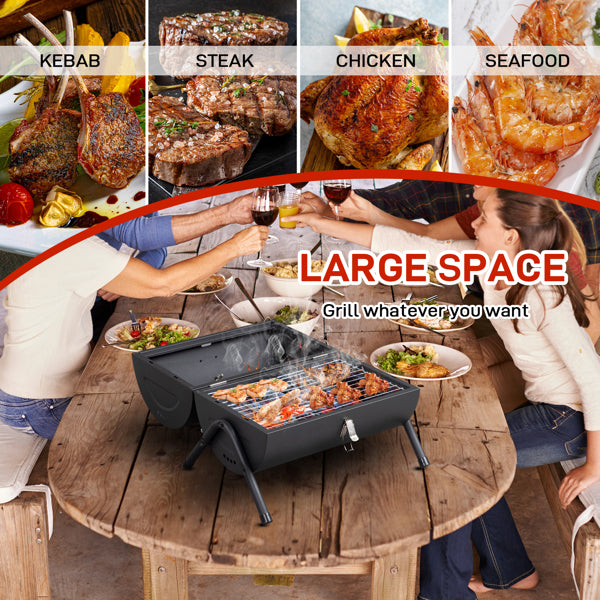 Portable Charcoal Grill With Thermometer & Wooden Handle, Compact Tabletop Barbecue Grill For Outdoor Camping BBQ Grilling  Party Cooking