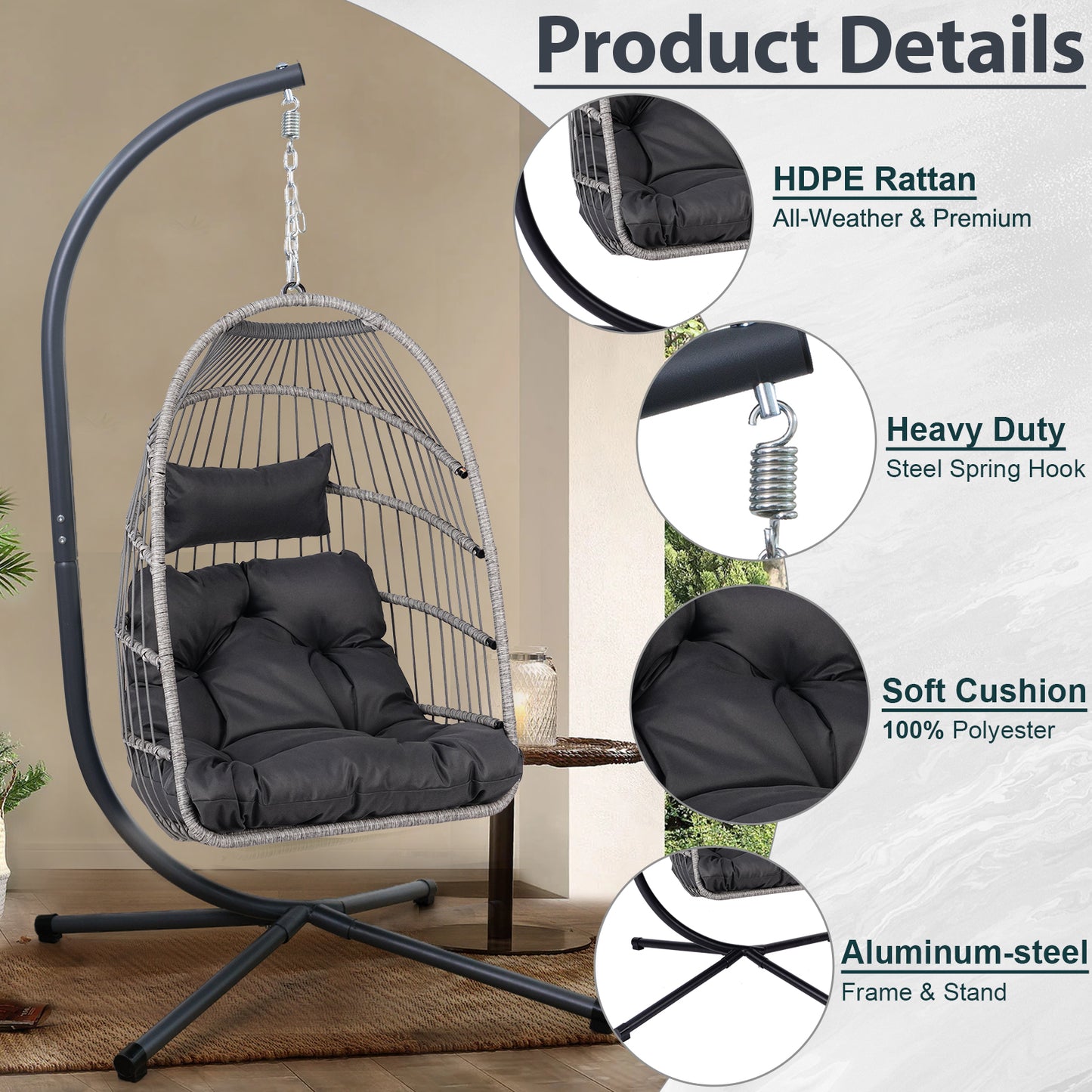 Outdoor Egg Hanging Chair With Stand  Patio Wicker Swing Egg Chair Indoor Swinging Chair Outdoor Hammock Egg Chair
