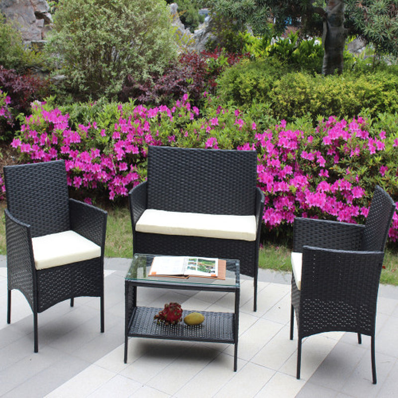 4 PC Rattan Patio Furniture Set Outdoor Patio Cushioned Seat Wicker Sofa Beige Cushion