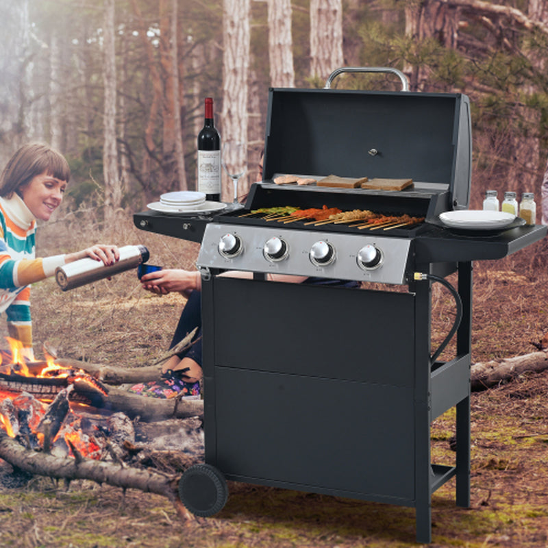 Propane Gas Grill 4 Burner Barbecue Grill, Stainless Steel 34,000 BTU Patio Garden Barbecue Grill With Two Shelves, Lid, Wheels And Bottle Opener