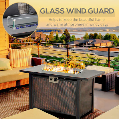 43 Inch Outdoor Propane Gas Fire Pit Table, 50,000 BTU Auto-Ignition Rectangular Wicker-effect Gas Firepit with Glass Wind Guard, Lid, Glass Beads, Steel Base, CSA Certification, Bronze