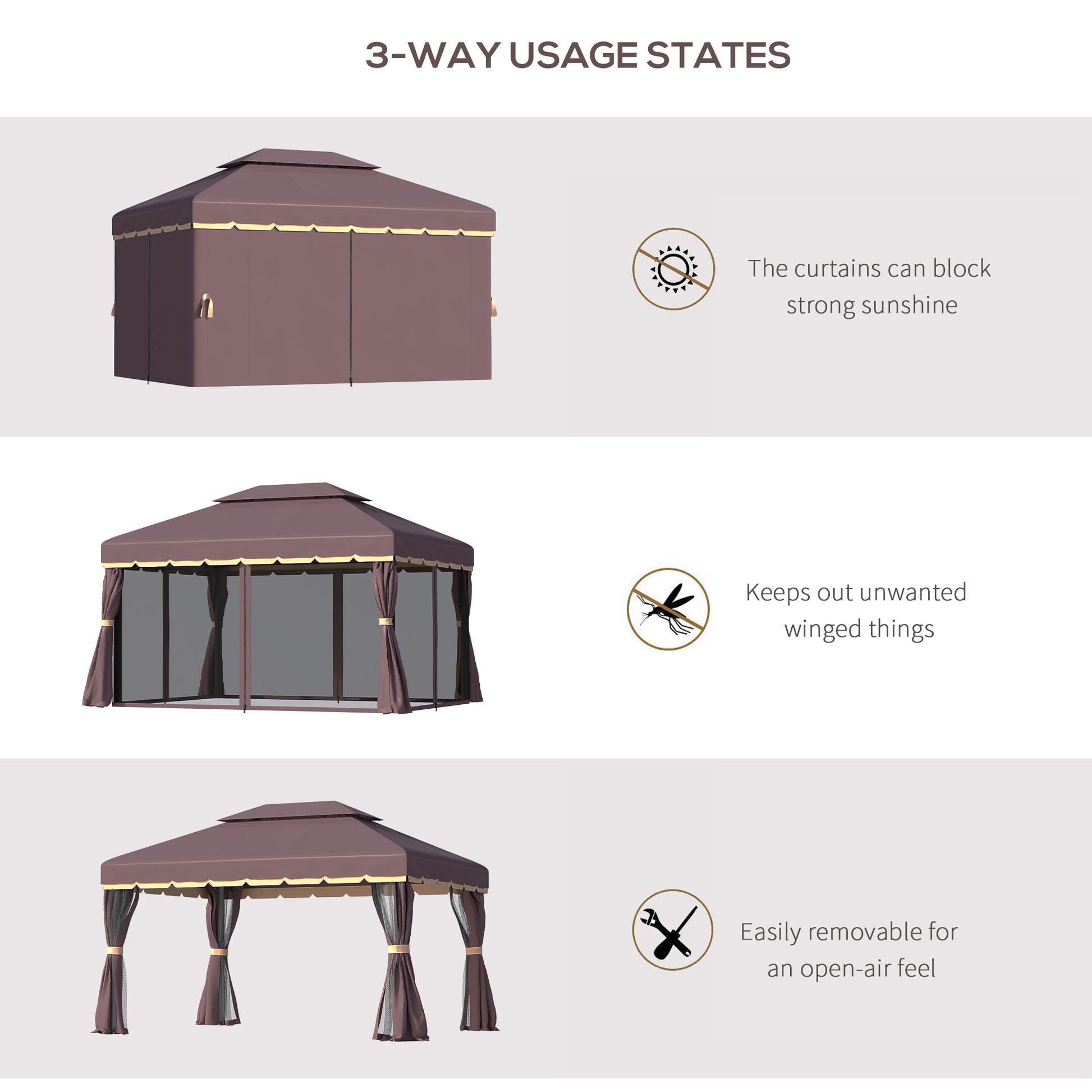 10' x 13' Patio Gazebo, Aluminum Frame Double Roof Outdoor Gazebo Canopy Shelter with Netting & Curtains, Coffee
